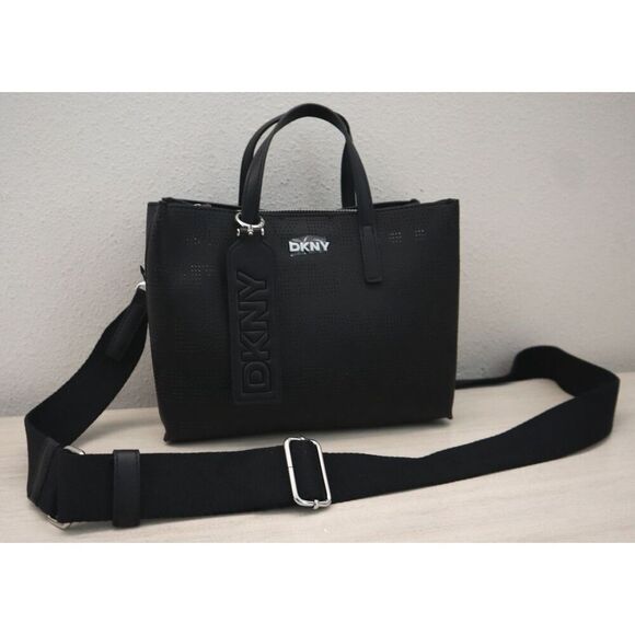 DKNY R52DAL34 O/S Black Perforated Monogram Fidela Satchel/Crossbody Bag - Picture 1 of 16